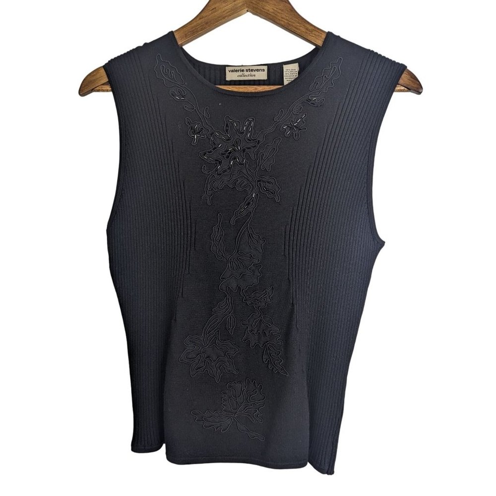 Valerie Stevens Collection Silk Blend Floral Applique Black Ribbed Top sz L
